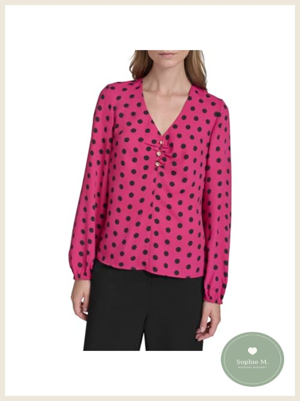 Halston Polka Dot Front Rouched Long Sleeve Blouse, V-Neck, Classic Fit,